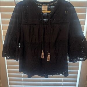 Knox Rose Black Lace Blouse with Tassels